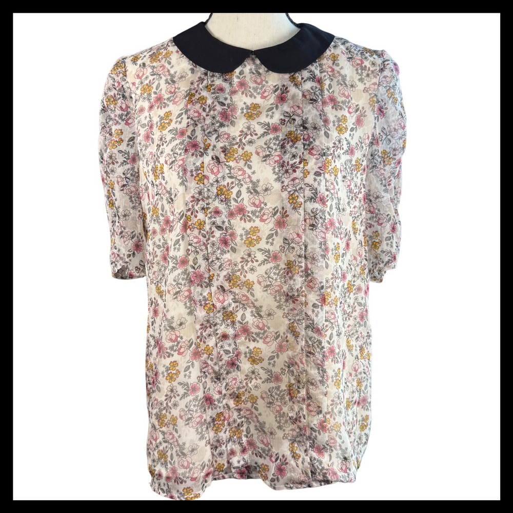 Floral Blouse Black Collar Sheer Pink Yellow Flowers‎ Cute Top Size Small